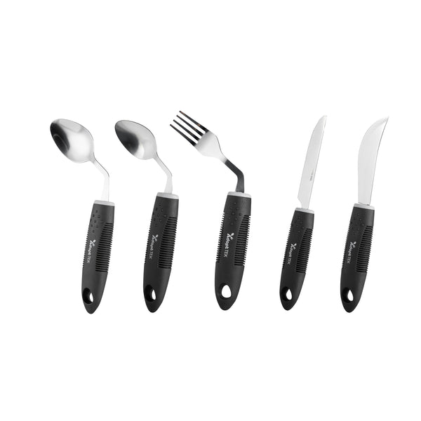 Restaurantware Adapt Tek Black Stainless Steel 5-Piece Adaptive Offset Utensil Set - Right Hand Lightweight Non-Slip - 1 Count Box