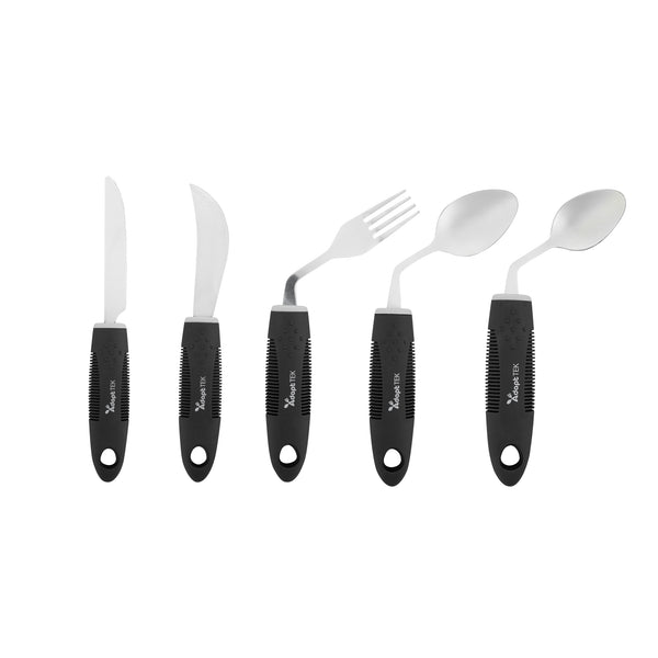 Restaurantware Adapt Tek Black Stainless Steel 5-Piece Adaptive Offset Utensil Set - Left Hand Lightweight Non-Slip - 1 Count Box