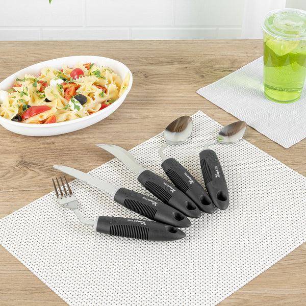 Restaurantware Adapt Tek Black Stainless Steel 5-Piece Adaptive Offset Utensil Set - Left Hand Lightweight Non-Slip - 1 Count Box