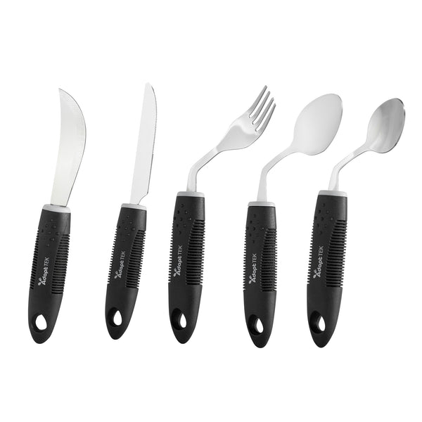 Restaurantware Adapt Tek Black Stainless Steel 5-Piece Adaptive Offset Utensil Set - Left Hand Lightweight Non-Slip - 1 Count Box