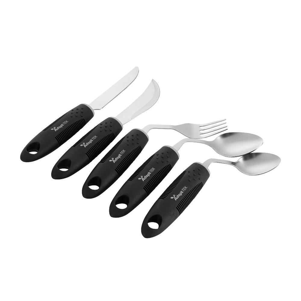 restaurantware Adapt Tek Black Stainless Steel 5-Piece Adaptive Offset Utensil Set - Left Hand Lightweight Non-Slip - 1 count box