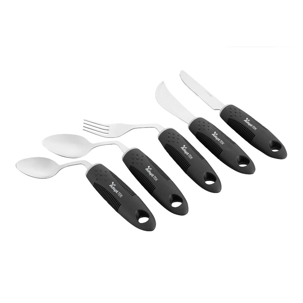 restaurantware Adapt Tek Black Stainless Steel 5-Piece Adaptive Offset Utensil Set - Right Hand Lightweight Non-Slip - 1 count box
