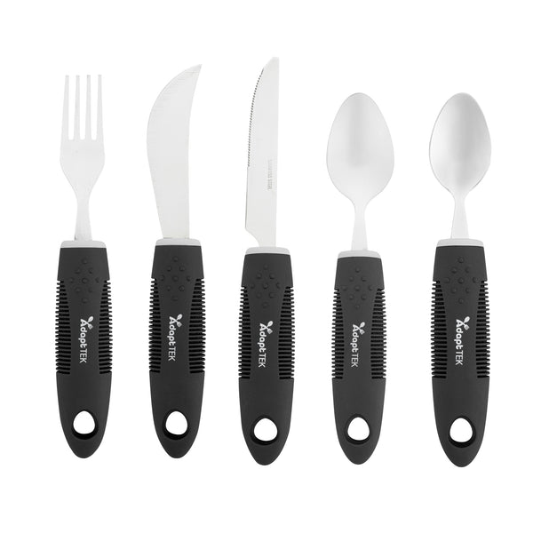 Restaurantware Adapt Tek Black Stainless Steel 5-Piece Adaptive Utensil Set - Lightweight Non-Slip - 1 Count Box