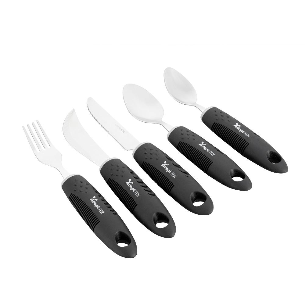restaurantware Adapt Tek Black Stainless Steel 5-Piece Adaptive Utensil Set - Lightweight Non-Slip - 1 count box