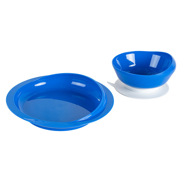 Restaurantware Adapt Tek Blue Plastic 2-Piece Scoop Plate And Bowl Set - Spillproof With Suction Base - Includes 20 Plates And 20 Bowls