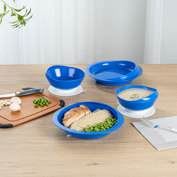 Restaurantware Adapt Tek Blue Plastic 2-Piece Scoop Plate And Bowl Set - Spillproof With Suction Base - Includes 20 Plates And 20 Bowls