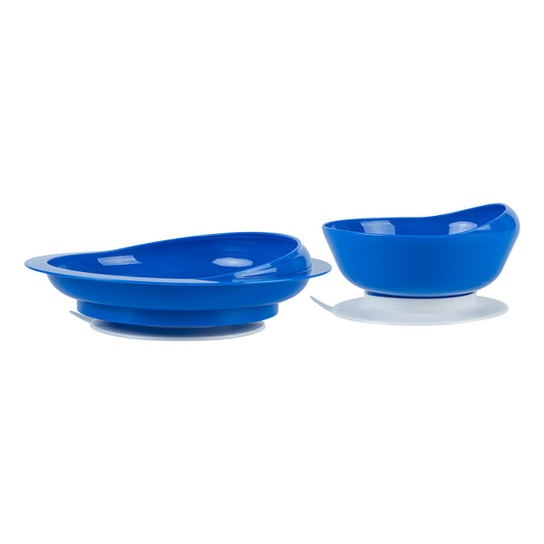 Restaurantware Adapt Tek Blue Plastic 2-Piece Scoop Plate And Bowl Set - Spillproof With Suction Base - Includes 20 Plates And 20 Bowls