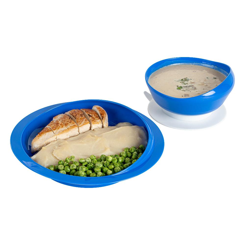 restaurantware Adapt Tek Blue Plastic 2-Piece Scoop Plate and Bowl Set - Spillproof with Suction Base - Includes 20 Plates and 20 Bowls