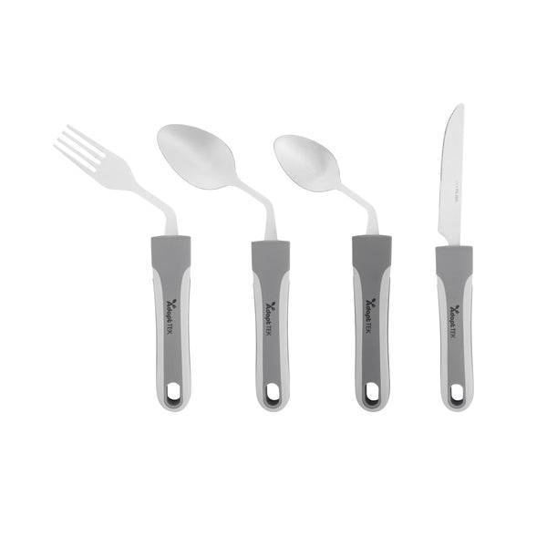 Restaurantware Adapt Tek Gray Stainless Steel 4-Piece Adaptive Offset Utensil Set - Right Hand Lightweight Non-Slip - 1 Count Box
