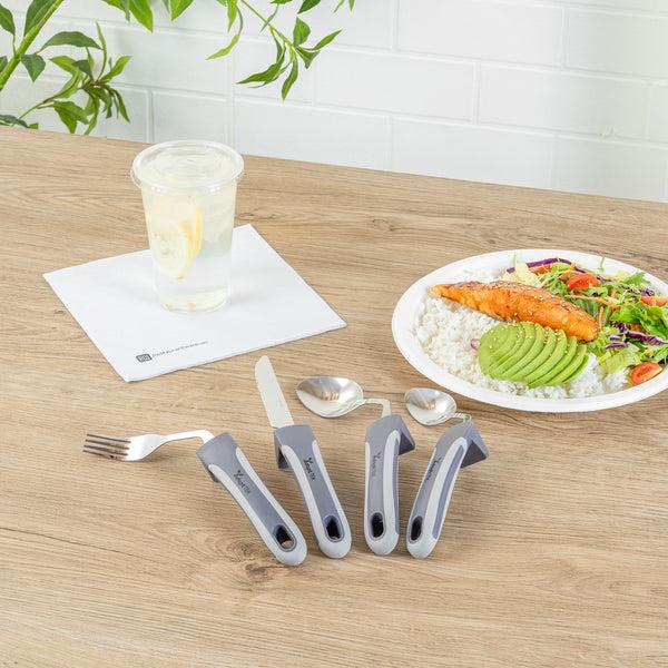Restaurantware Adapt Tek Gray Stainless Steel 4-Piece Adaptive Offset Utensil Set - Right Hand Lightweight Non-Slip - 1 Count Box