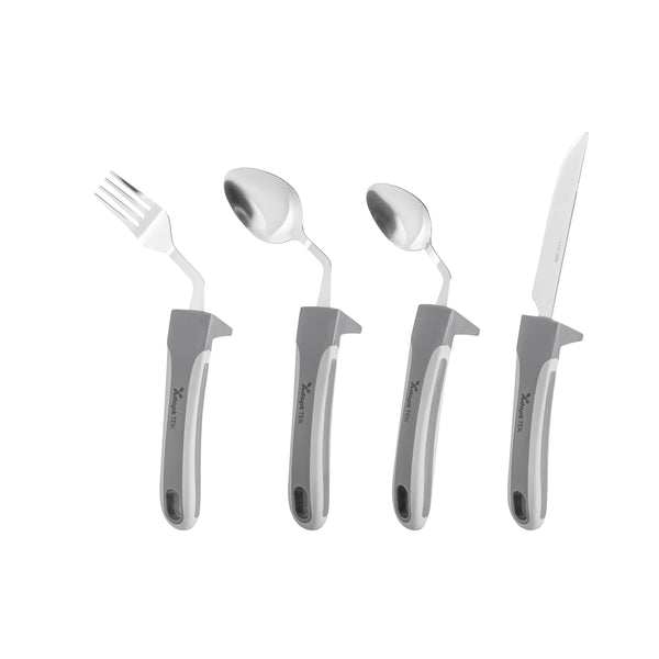 Restaurantware Adapt Tek Gray Stainless Steel 4-Piece Adaptive Offset Utensil Set - Right Hand Lightweight Non-Slip - 1 Count Box