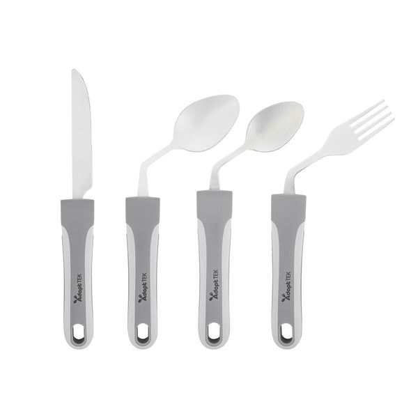 Restaurantware Adapt Tek Gray Stainless Steel 4-Piece Adaptive Offset Utensil Set - Left Hand Lightweight Non-Slip - 1 Count Box