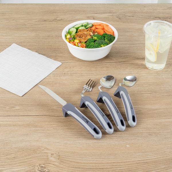 Restaurantware Adapt Tek Gray Stainless Steel 4-Piece Adaptive Offset Utensil Set - Left Hand Lightweight Non-Slip - 1 Count Box
