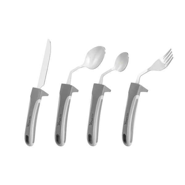 Restaurantware Adapt Tek Gray Stainless Steel 4-Piece Adaptive Offset Utensil Set - Left Hand Lightweight Non-Slip - 1 Count Box