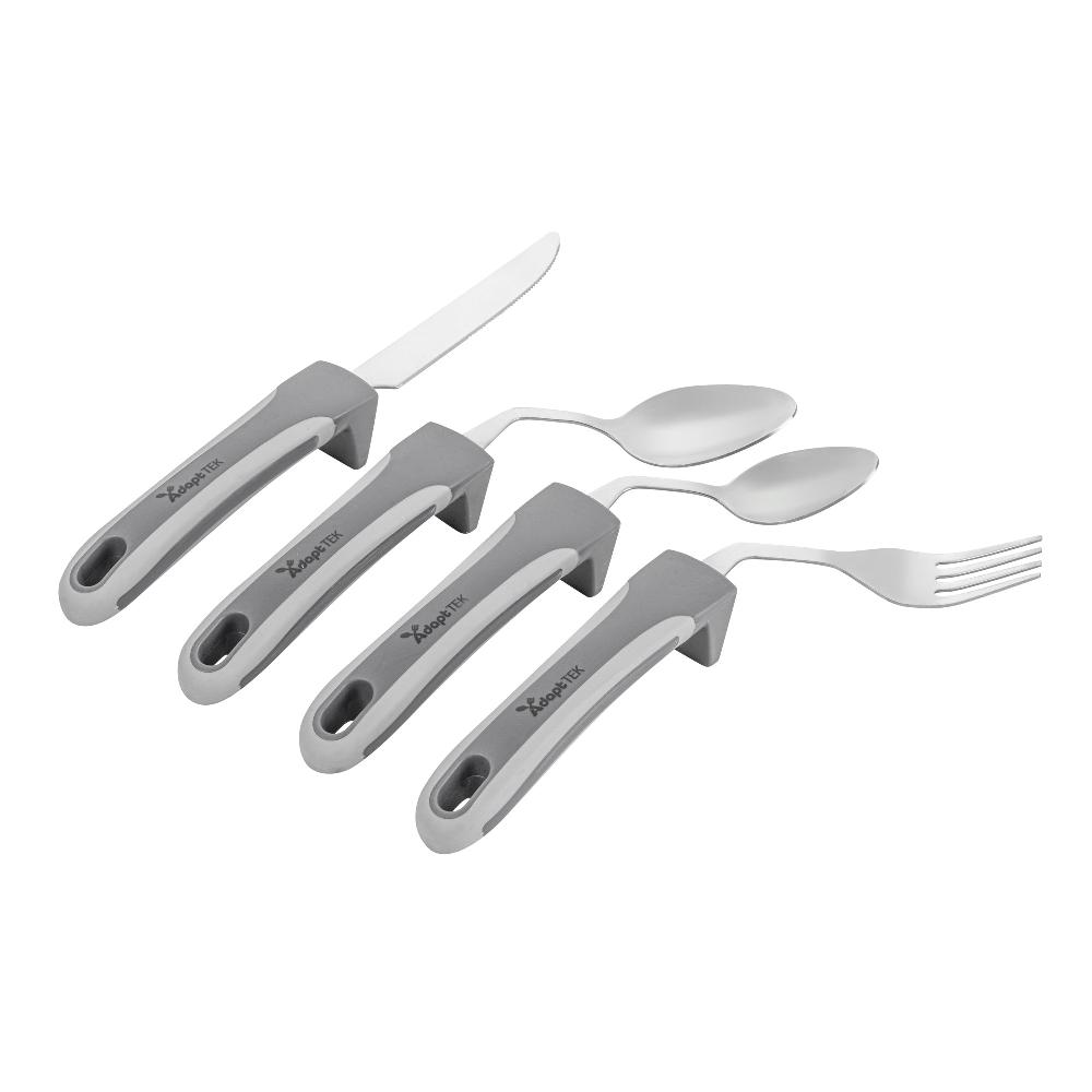 restaurantware Adapt Tek Gray Stainless Steel 4-Piece Adaptive Offset Utensil Set - Left Hand Lightweight Non-Slip - 1 count box