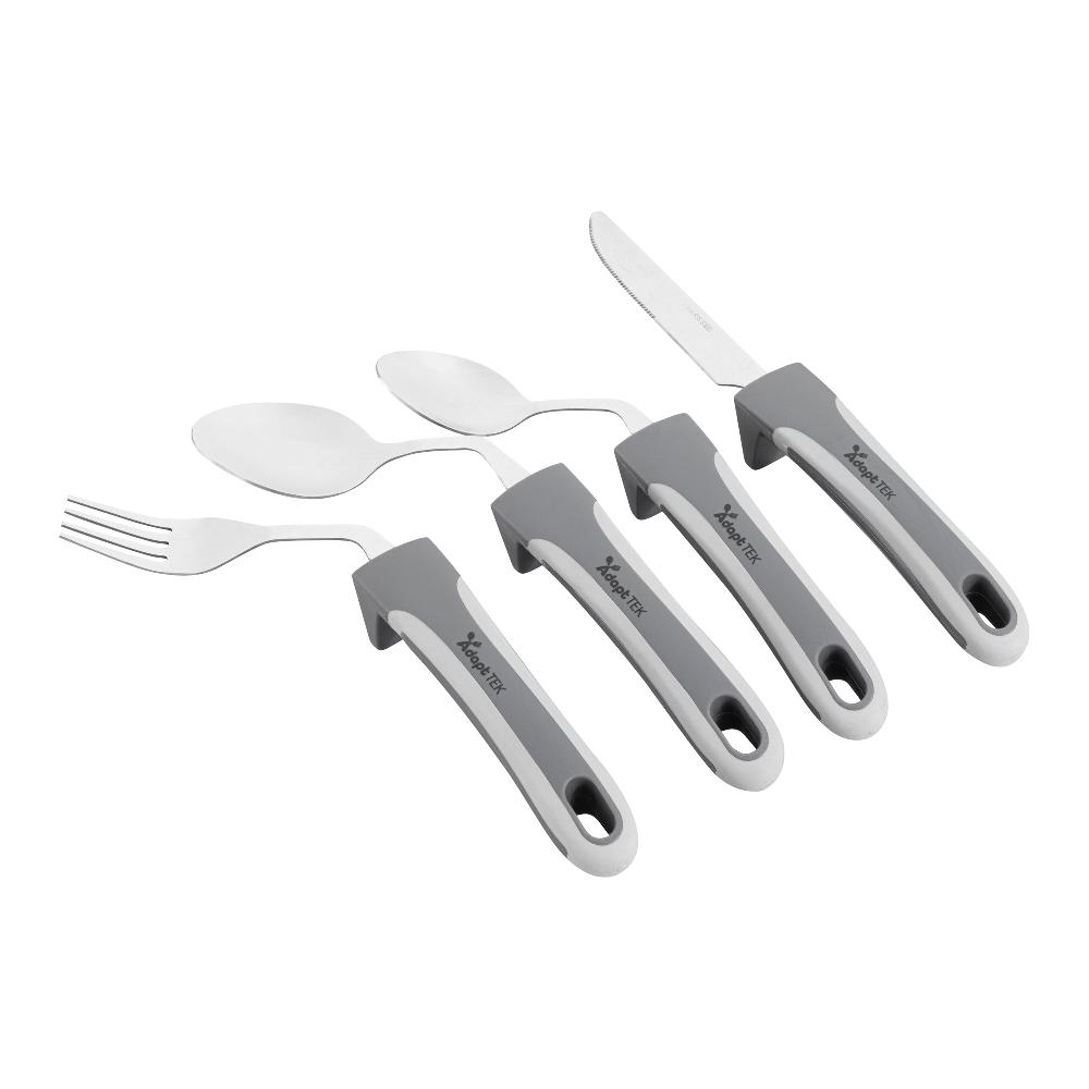 restaurantware Adapt Tek Gray Stainless Steel 4-Piece Adaptive Offset Utensil Set - Right Hand Lightweight Non-Slip - 1 count box