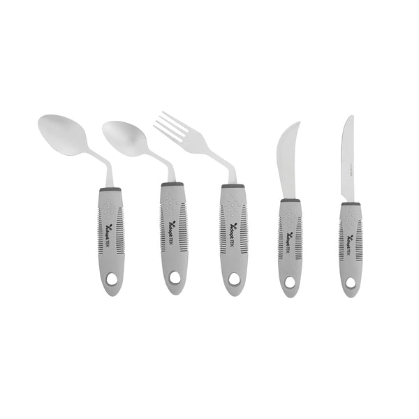 Restaurantware Adapt Tek Gray Stainless Steel 5-Piece Adaptive Offset Utensil Set - Right Hand Lightweight Non-Slip - 1 Count Box
