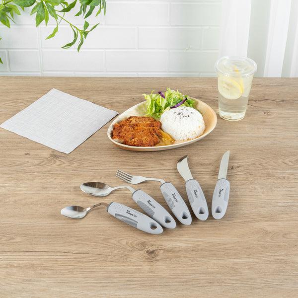 Restaurantware Adapt Tek Gray Stainless Steel 5-Piece Adaptive Offset Utensil Set - Right Hand Lightweight Non-Slip - 1 Count Box