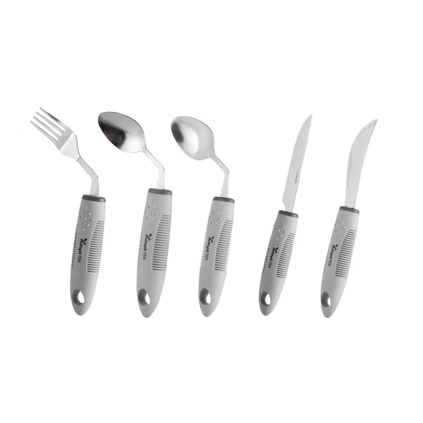 Restaurantware Adapt Tek Gray Stainless Steel 5-Piece Adaptive Offset Utensil Set - Right Hand Lightweight Non-Slip - 1 Count Box