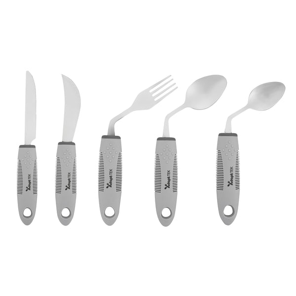 Restaurantware Adapt Tek Gray Stainless Steel 5-Piece Adaptive Offset Utensil Set - Left Hand Lightweight Non-Slip - 1 Count Box
