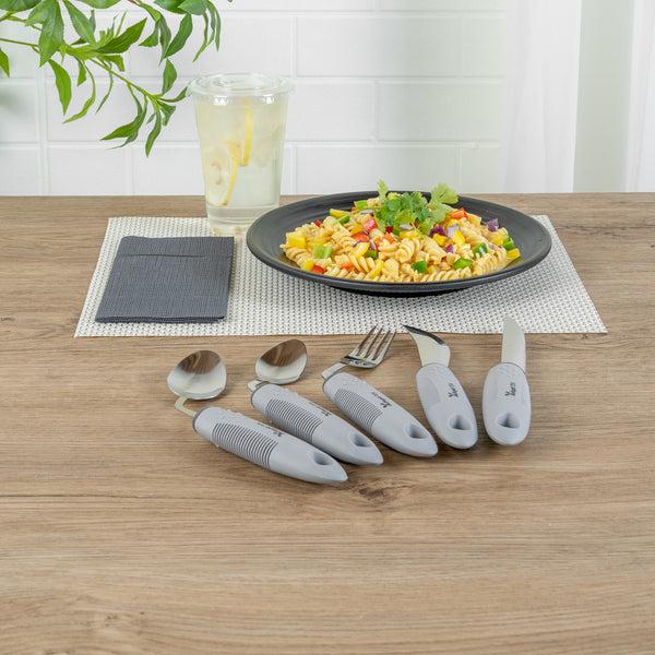 Restaurantware Adapt Tek Gray Stainless Steel 5-Piece Adaptive Offset Utensil Set - Left Hand Lightweight Non-Slip - 1 Count Box