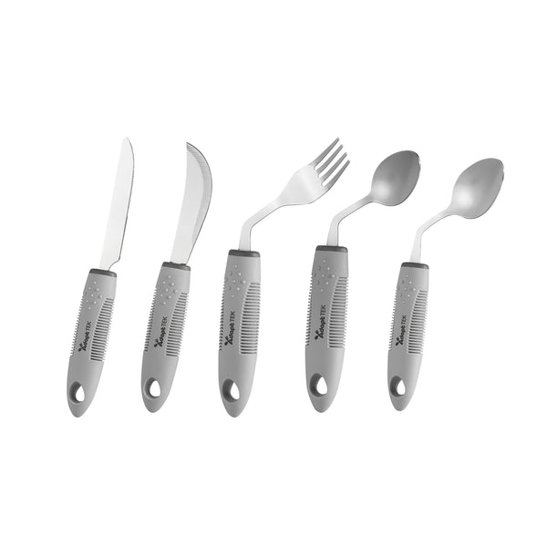 Restaurantware Adapt Tek Gray Stainless Steel 5-Piece Adaptive Offset Utensil Set - Left Hand Lightweight Non-Slip - 1 Count Box