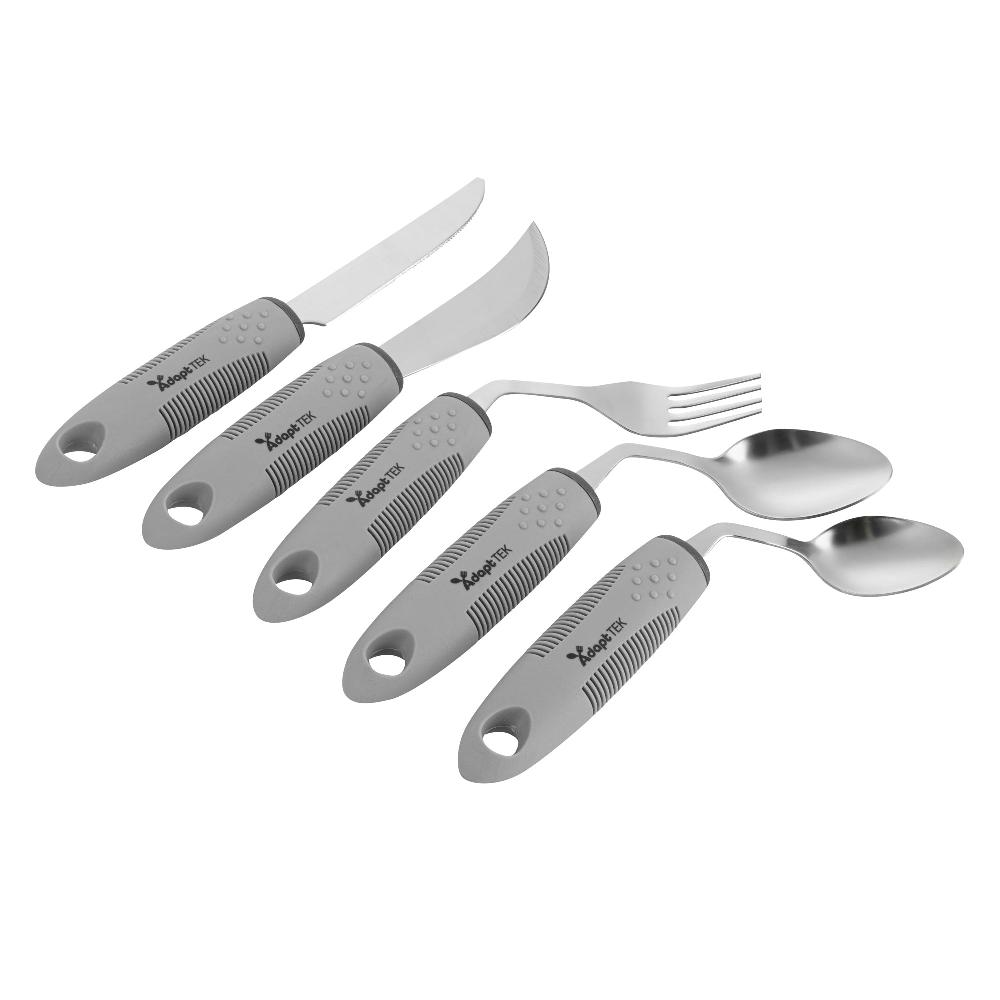 restaurantware Adapt Tek Gray Stainless Steel 5-Piece Adaptive Offset Utensil Set - Left Hand Lightweight Non-Slip - 1 count box