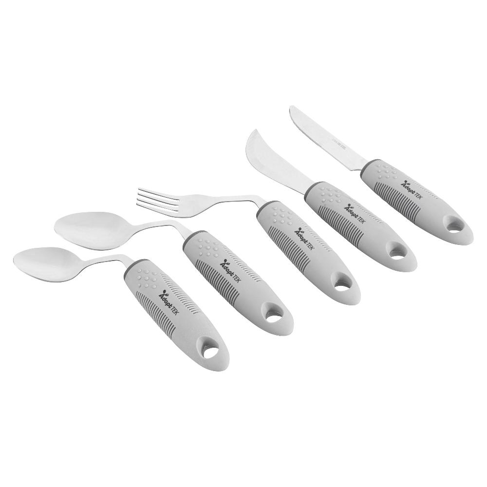 restaurantware Adapt Tek Gray Stainless Steel 5-Piece Adaptive Offset Utensil Set - Right Hand Lightweight Non-Slip - 1 count box
