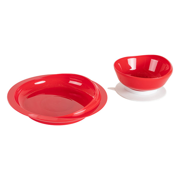 Restaurantware Adapt Tek Red Plastic 2-Piece Scoop Plate And Bowl Set - Spillproof With Suction Base - Includes 20 Plates And 20 Bowls