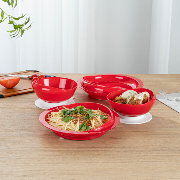 Restaurantware Adapt Tek Red Plastic 2-Piece Scoop Plate And Bowl Set - Spillproof With Suction Base - Includes 20 Plates And 20 Bowls