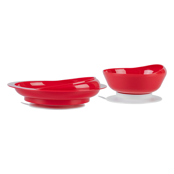 Restaurantware Adapt Tek Red Plastic 2-Piece Scoop Plate And Bowl Set - Spillproof With Suction Base - Includes 20 Plates And 20 Bowls