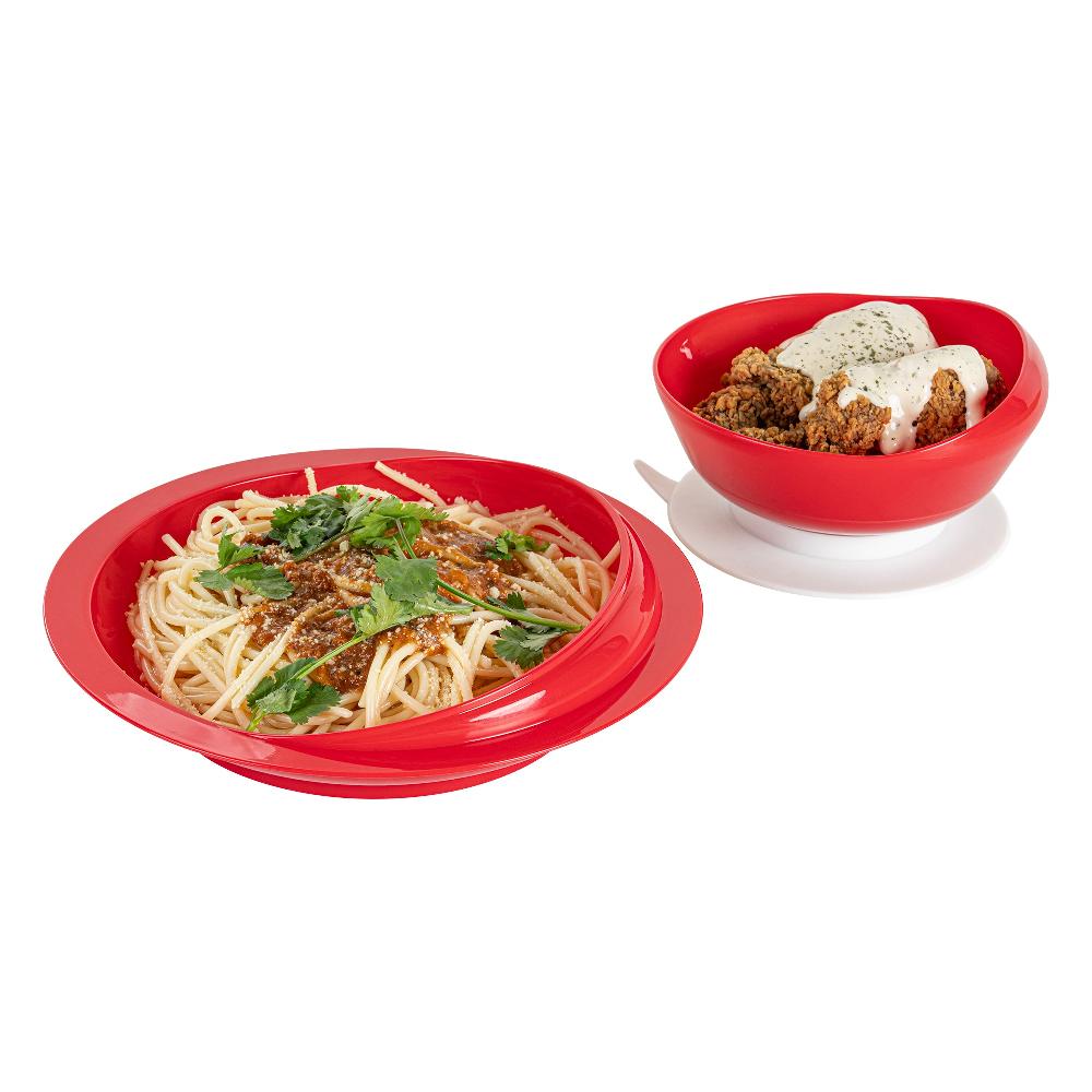 restaurantware Adapt Tek Red Plastic 2-Piece Scoop Plate and Bowl Set - Spillproof with Suction Base - Includes 20 Plates and 20 Bowls