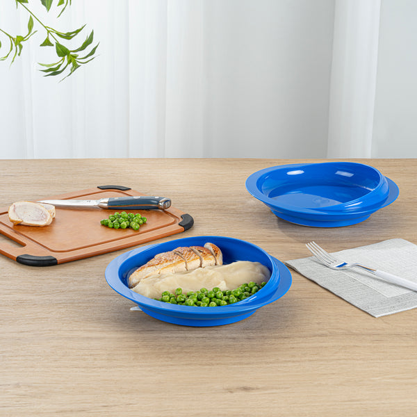 Restaurantware Adapt Tek Round Blue Plastic Scoop Plate - Spillproof With Suction Base - 9" X 9" X 2 1/4" - 20 Count Box