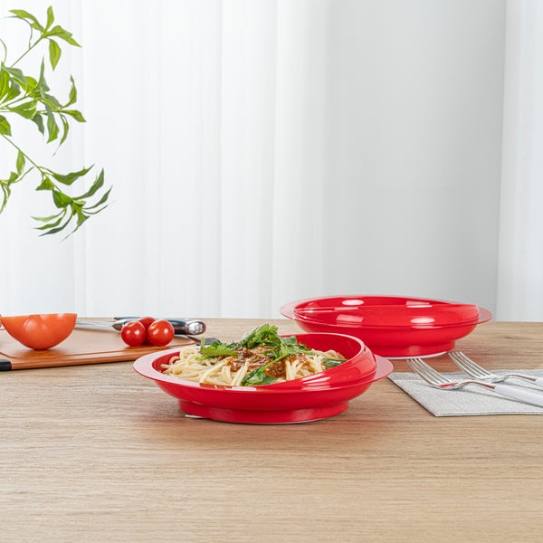 Restaurantware Adapt Tek Round Red Plastic Scoop Plate - Spillproof With Suction Base - 9" X 9" X 2 1/4" - 20 Count Box