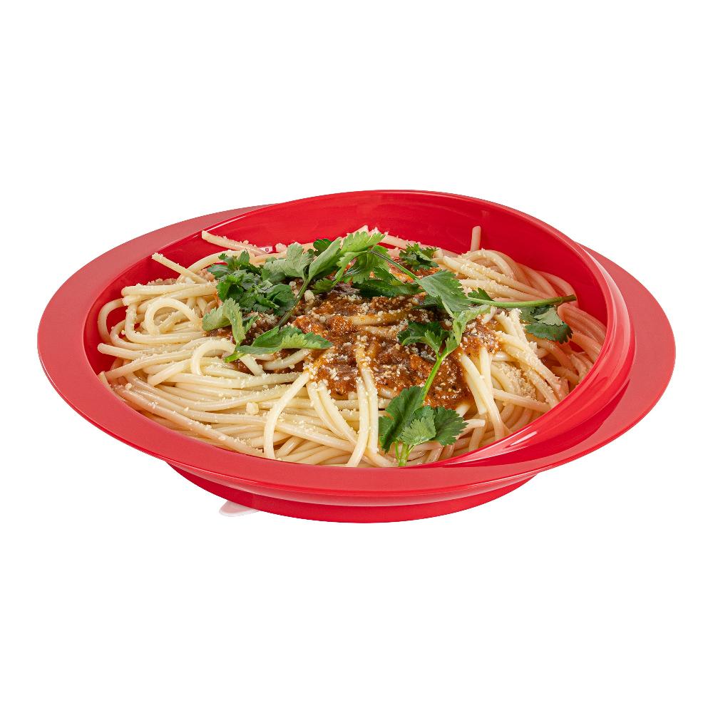 restaurantware Adapt Tek Round Red Plastic Scoop Plate - Spillproof with Suction Base - 9" x 9" x 2 1/4" - 20 count box