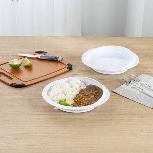 Restaurantware Adapt Tek Round White Plastic Scoop Plate - Spillproof With Suction Base - 9" X 9" X 2 1/4" - 20 Count Box