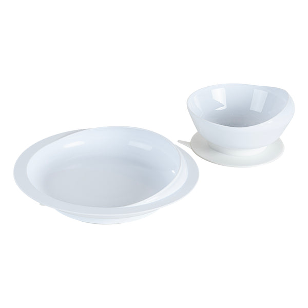 Restaurantware Adapt Tek White Plastic 2-Piece Scoop Plate And Bowl Set - Spillproof With Suction Base - Includes 20 Plates And 20 Bowls
