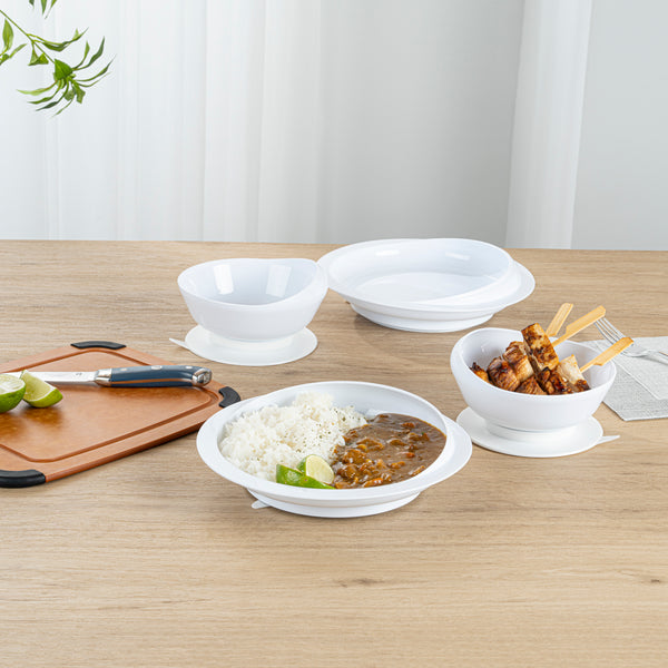 Restaurantware Adapt Tek White Plastic 2-Piece Scoop Plate And Bowl Set - Spillproof With Suction Base - Includes 20 Plates And 20 Bowls