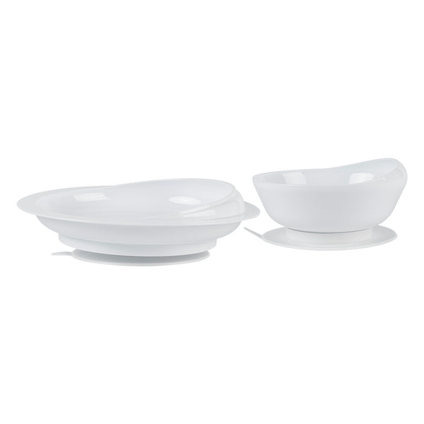 Restaurantware Adapt Tek White Plastic 2-Piece Scoop Plate And Bowl Set - Spillproof With Suction Base - Includes 20 Plates And 20 Bowls