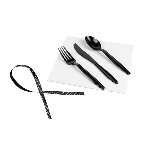 Restaurantware Argento Black Plastic Cutlery Set - With White Napkin Polka Dot Ribbon - 7 1/4" X 2" X 1 3/4" - 100 Count Box