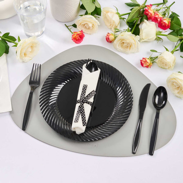 Restaurantware Argento Black Plastic Cutlery Set - With White Napkin Polka Dot Ribbon - 7 1/4" X 2" X 1 3/4" - 100 Count Box