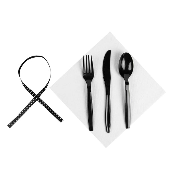 Restaurantware Argento Black Plastic Cutlery Set - With White Napkin Polka Dot Ribbon - 7 1/4" X 2" X 1 3/4" - 100 Count Box