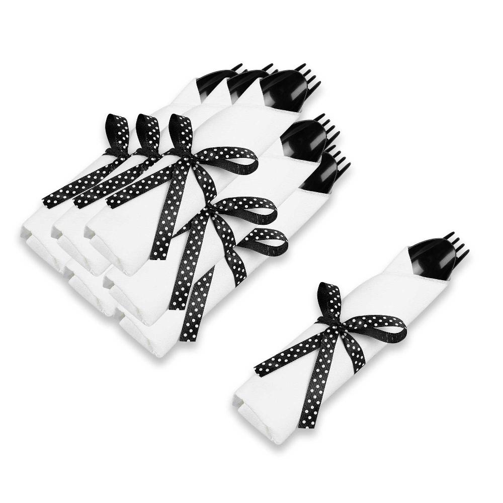 restaurantware Argento Black Plastic Cutlery Set - with White Napkin Polka Dot Ribbon - 7 1/4" x 2" x 1 3/4" - 100 count box