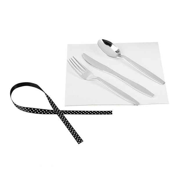 Restaurantware Argento Silver Plastic Cutlery Set - With White Napkin Polka Dot Ribbon - 7 1/4" X 2" X 1 3/4" - 100 Count Box