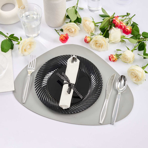 Restaurantware Argento Silver Plastic Cutlery Set - With White Napkin Polka Dot Ribbon - 7 1/4" X 2" X 1 3/4" - 100 Count Box