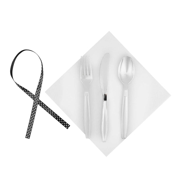 Restaurantware Argento Silver Plastic Cutlery Set - With White Napkin Polka Dot Ribbon - 7 1/4" X 2" X 1 3/4" - 100 Count Box