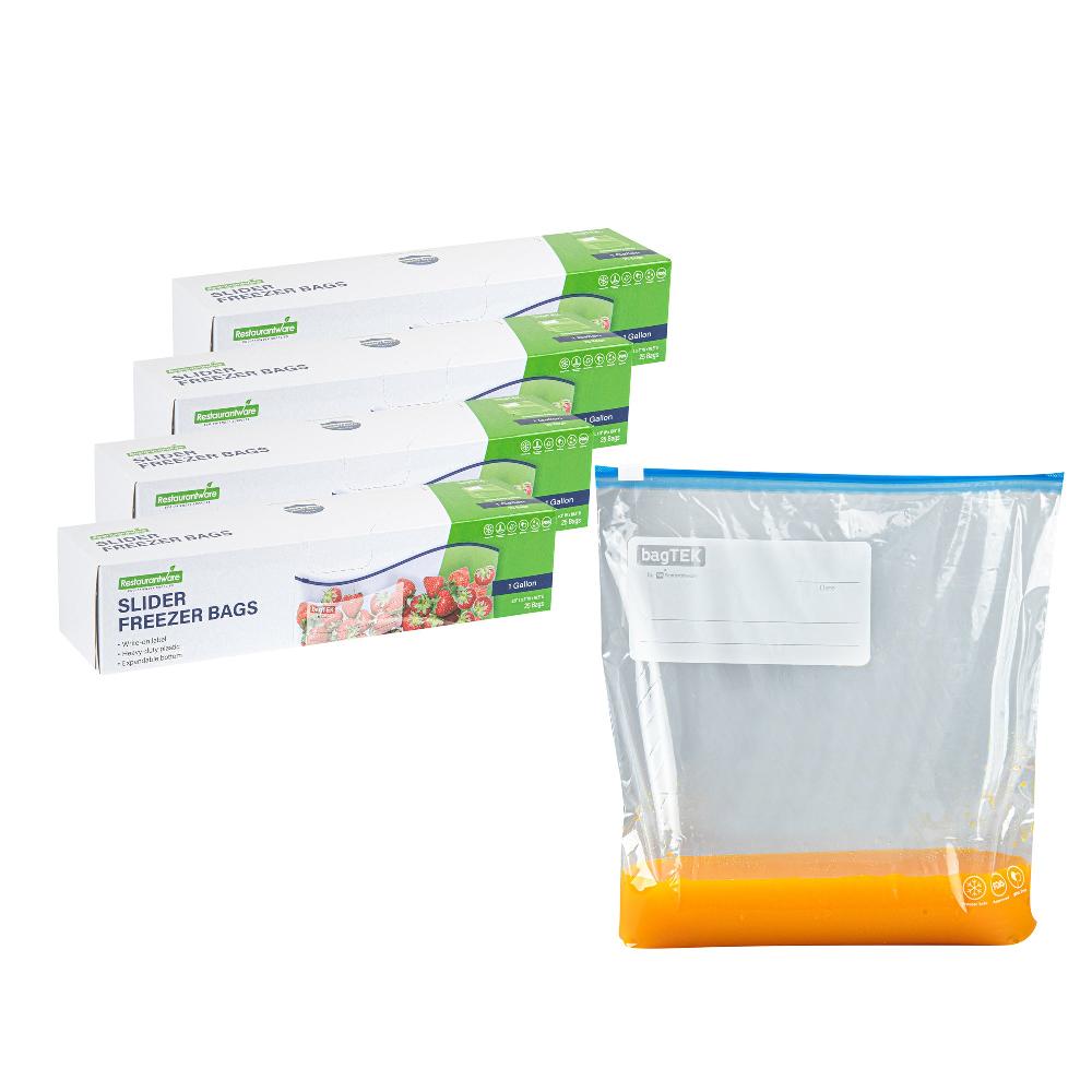 restaurantware Bag Tek 1 gal Clear Plastic Slider Freezer Bag - Expandable Bottom Write-On Label BPA-Free - 9 1/2" x 3" x 10 1/2" - 1000 count box