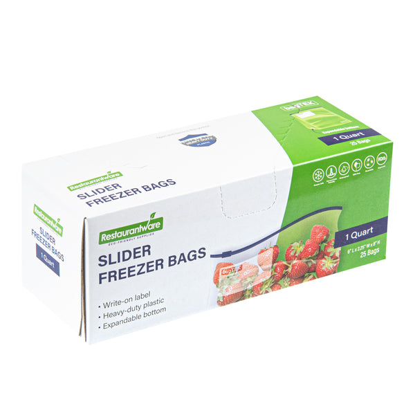 Restaurantware Bag Tek 1 Qt Clear Plastic Slider Freezer Bag - Expandable Bottom Write-On Label BPA-Free - 6" X 2 1/4" X 8" - 1000 Count Box
