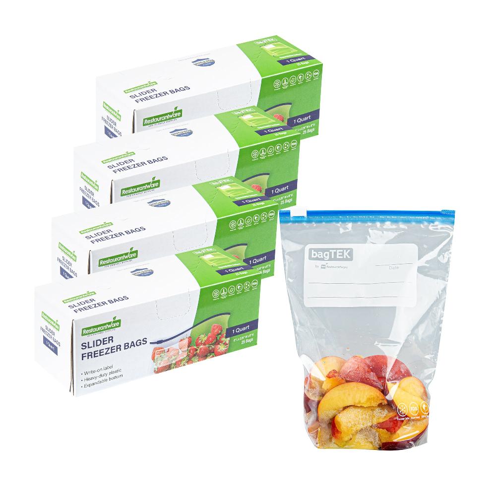 restaurantware Bag Tek 1 qt Clear Plastic Slider Freezer Bag - Expandable Bottom Write-On Label BPA-Free - 6" x 2 1/4" x 8" - 1000 count box