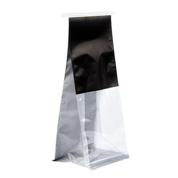 Restaurantware Bag Tek Black Cotton Paper Tin Tie Bag - With Clear Window - 5" X 4" X 11 1/4" - 100 Count Box
